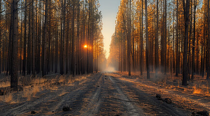 Wall Mural - A fire-scorched pine forest, signs of growth and resilience. Generative AI.