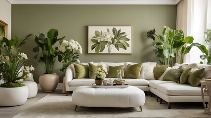 the living room of an opulent residence indoors, decorated in shades of white and olive green. decor