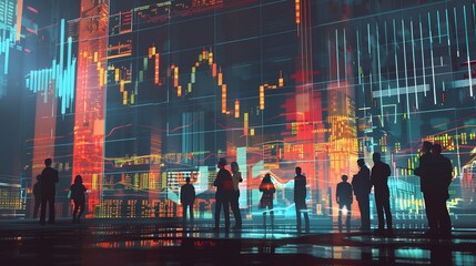 Wall Mural - Silhouettes of people standing in front of a large screen displaying financial data and charts.