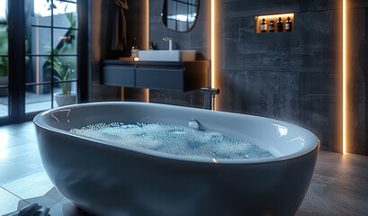 Wall Mural - A contemporary bathroom in a stylish apartment showcasing a filled bathtub. The interior design with sleek black and silver accents. Generative AI.