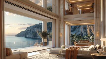 Luxury modern living room, super high ceiling, with luxurious furniture, with cast brass details, big luxurious bed, cliff view. Generative AI.