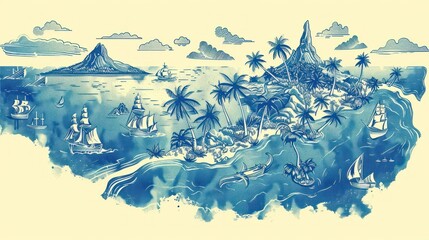 Wall Mural - A painting of a tropical island with palm trees and a beach