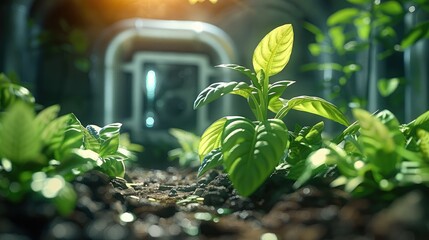 A plants sprouting, sense of technology and nature. Generative AI.