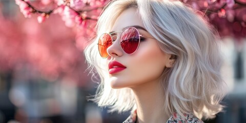 Wall Mural - Woman with sunglasses poses by blooming cherry trees in spring