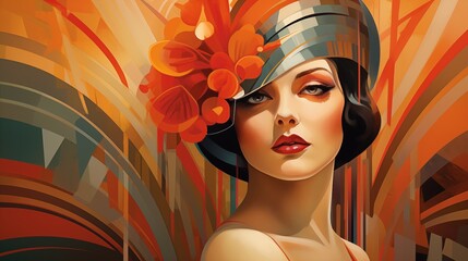 A art deco stylized portrait of a woman with a vintage hat adorned with flowers, set against a vibrant abstract background of orange and earthy tones. 