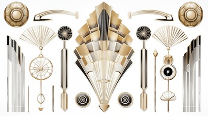 A collection of art deco design elements featuring geometric shapes, fans, and decorative motifs in gold, black, and silver tones. Ideal for vintage or retro-themed projects.