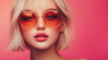 Sticker - Young woman with stylish sunglasses posing against a pink backdrop