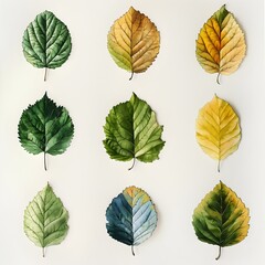 Exquisite Watercolor Birch Leaves Showcasing Nature s Vibrant Color Palette on Pristine White Canvas