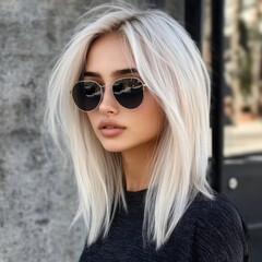 Wall Mural - Young woman with blonde hair and sunglasses in urban setting