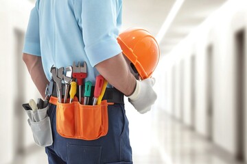 Professional worker holding safety helmet and tools in a brightly lit hallway, focus on gear