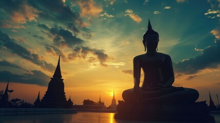 A person is sitting in a lotus position in front of a sunset