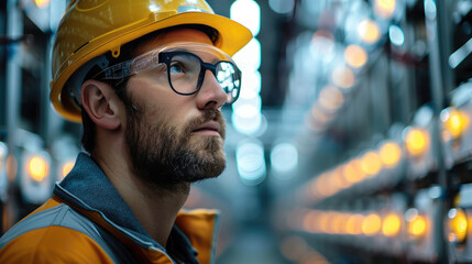 Aufkleber - Worker in hard hat and glasses gazes at overhead light network. Generative AI.