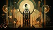 © Aleksander - A stylized, abstract art deco illustration featuring a central figure with a geometric design. The color palette includes shades of green, gold, and black, creating a futuristic.