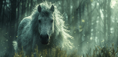 Sticker - White Horse in a Misty Forest