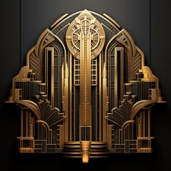 Wall Mural - An intricate Art Deco design featuring geometric shapes and ornate details in gold against a dark background. The composition includes tall, stylized buildings.