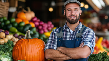 Sticker - A content farmer standing proudly beside an autumn market stall holding a large pumpkin with vibrant fall colors and freshly harvested vegetables on display 