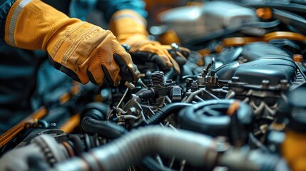 Poster - A mechanic hands are repairing a modern engine. Generative AI.
