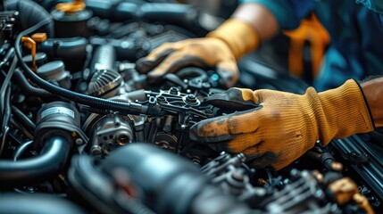 Leinwandbilder - A mechanic hands are repairing a modern engine. Generative AI.