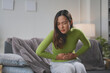 © amnaj - Young woman sits on her couch at home, holding her stomach in pain and discomfort, dealing with various health issues like cramps and digestive problems