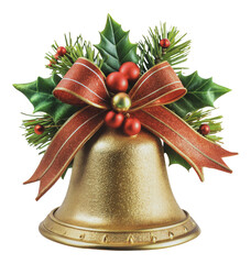Wall Mural - festive gold bell adorned with holly and ribbon, cut out - stock png.