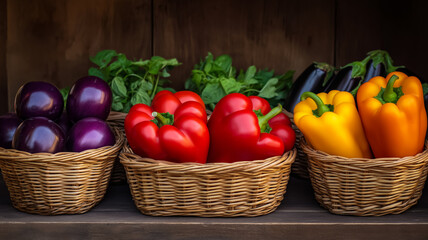 Wall Mural - An inviting autumn market stall featuring baskets of colorful bell peppers tomatoes and eggplants rich and warm colors with a rustic wooden backdrop golden autumn light 