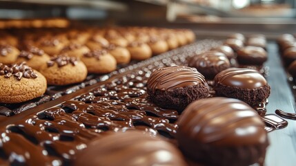 Chocolate pastry cakes and cookies in a bakery, sweet desserts being prepared on a conveyor belt, covered in smooth melted chocolate. Freshly baked goods, closeup shot.