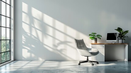 Canvas Print - Modern Office wall decor mockup opposite an empty wall surface, on the right side an office chair and a table with an office computer. Generative AI.