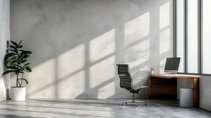 Modern Office wall decor mockup opposite an empty wall surface, on the right side an office chair and a table with an office computer. Generative AI.