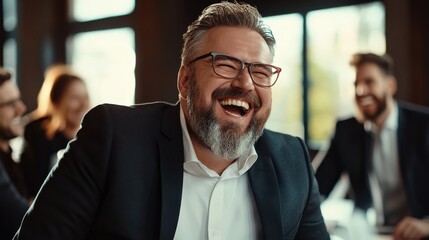 A man in a suit is smiling and laughing while sitting at a table with other people. The scene appears to be a social gathering or a business meeting, as the man is wearing a suit