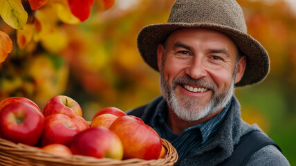 Sticker - Close up of a smiling farmer offering a basket of ripe apples at an autumn market stall surrounded by warm tones rustic textures and colorful fall leaves 