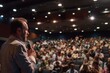© Tanu - A suited man stands in front of a crowd, commanding attention and conveying a message to the engaged audience, A businessman giving a presentation to a large audience. AI generated