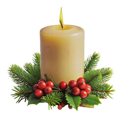Wall Mural - decorative candle with holly and pine greenery, cut out - stock png.