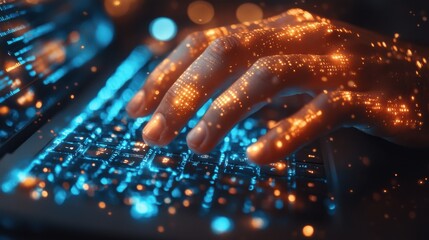 Close-up of hands typing on a laptop keyboard, illuminated with blue and orange light, representing coding, programming, or digital work. Technology, coding, digital workflow.