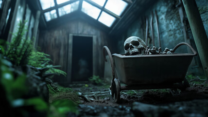 Wall Mural - Creepy garden shed with rusty tools hanging cobweb covered corners old wheelbarrow filled with bones dark and foreboding atmosphere 