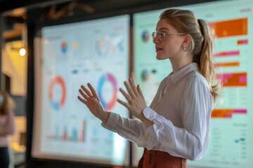 Wall Mural - A woman wearing glasses presents to an audience, engaging them with her informative speech and visual aids, A businesswoman giving a presentation in front of a screen. AI generated