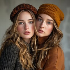 Wall Mural - Winter casual fashion studio featuring two models with stylish hats