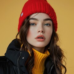 Canvas Print - Casual winter fashion studio shoot with a model wearing a bright beanie