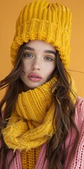 Poster - Young woman in cozy winter fashion with bright yellow accessories