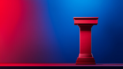 Moderators podium with debate notes gradient background from deep blue to bright red closeup angle space for text 