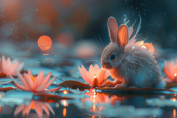 Canvas Print - A Rabbit in a Dreamlike Water Lily Pond