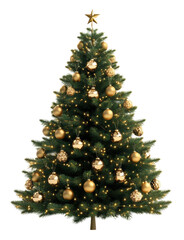 elegant gold-decorated christmas tree with lights, cut out - stock png.