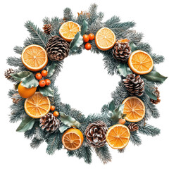 Wall Mural - festive wreath with pinecones and dried citrus, cut out - stock png.