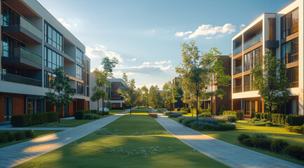 Poster - A residential complex featuring modern, four-story buildings. The buildings designed in a contemporary style, with large windows, clean lines, and a combination of materials such as brick and glass.