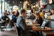 © Tanu - People utilizing laptops while seated at tables, contributing to a vibrant dining experience in a restaurant, A busy cafe with people in business attire working on laptops. AI generated