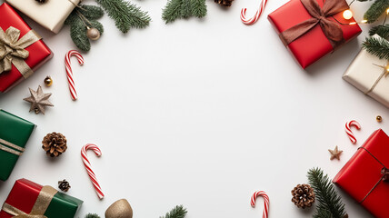 Wall Mural - Top down view of a festive Christmas frame with a border of wrapped presents candy canes and twinkling lights in vibrant red green and gold isolated on a white background 