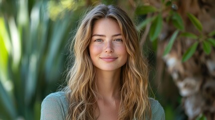 A portrait of a young woman standing outdoors, wearing sustainable fashion clothing made from organi