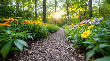 Poster - Wide angle shot of a forest path lined with wild autumn flowers like asters and goldenrods with sunlight filtering through the trees casting a warm golden glow 