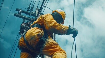 Fototapete - Lineman working on phone line, wearing protective equipment of rubber gloves, flame resistant clothing. Generative AI.
