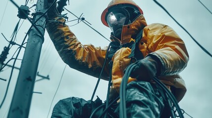Fototapete - Lineman working on phone line, wearing protective equipment of rubber gloves, flame resistant clothing. Generative AI.