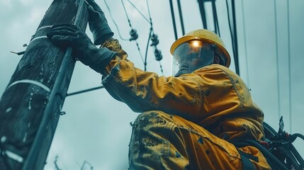 Fototapete - Lineman working on phone line, wearing protective equipment of rubber gloves, flame resistant clothing. Generative AI.